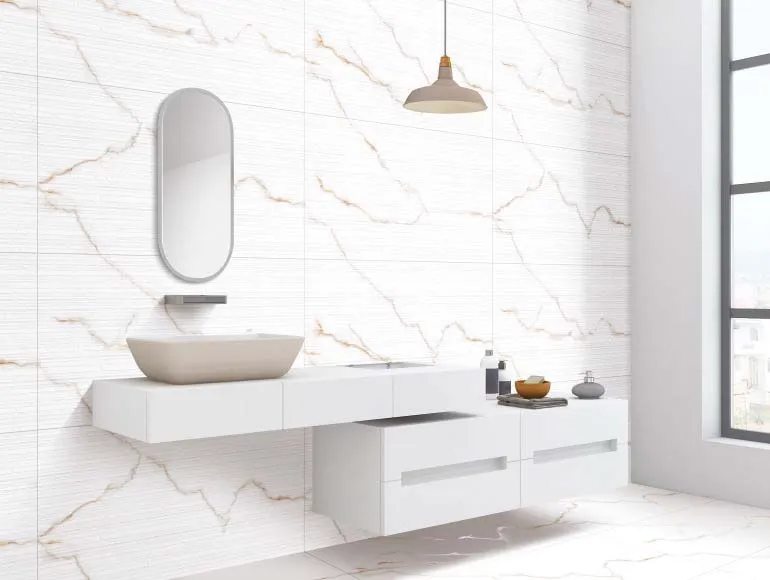 Washbasin design paired with marble-look tiles